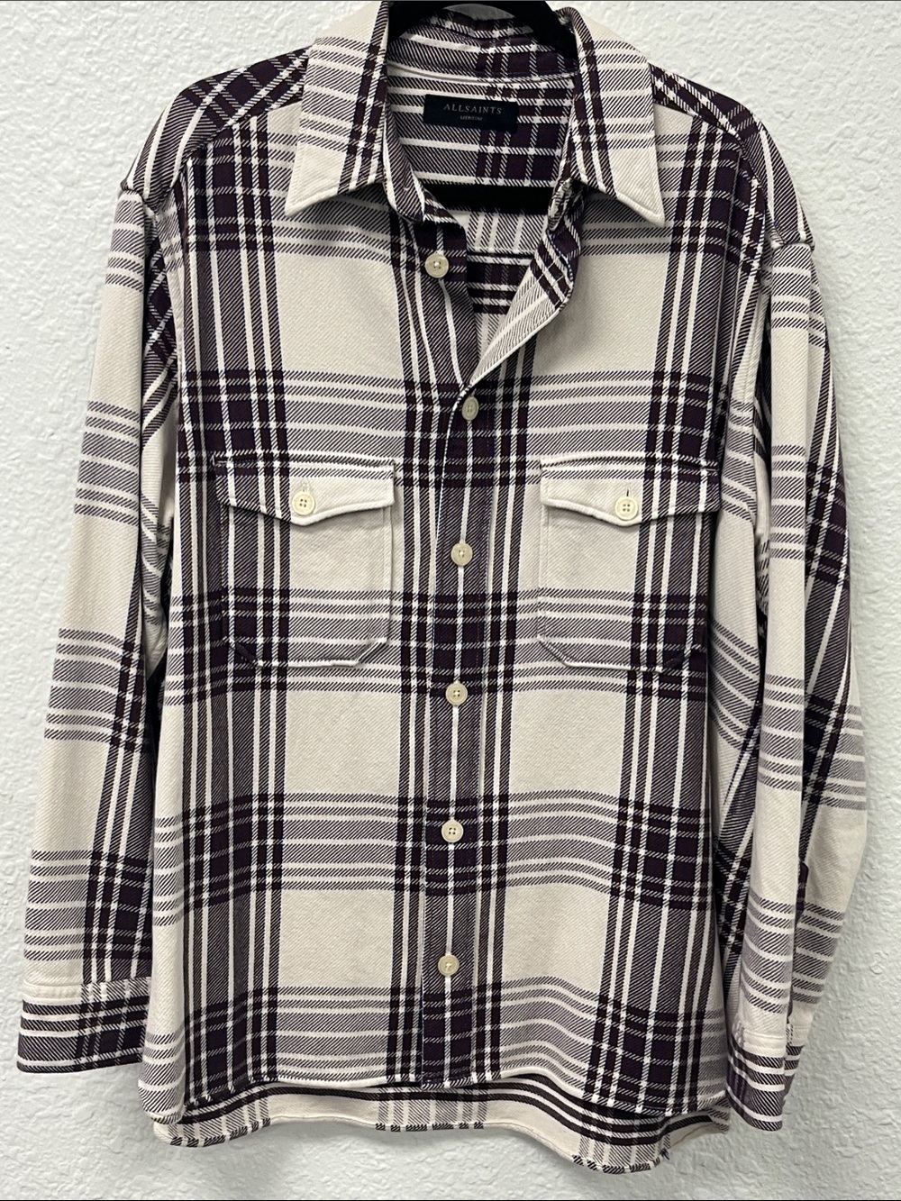 ALLSAINTS Oversized Plaid Button-Up Shirt in Cream and Burgundy
#1104